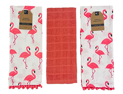 Summer Fun Kitchen Dish Towels Set, 3pc: Bright Colorful Cotton Towels with Fringe 2 Flamingo and 1 Solid Towel - color: Flamingo Pink