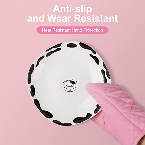 AUAUY Pink Oven Mitts, 1 Pair Kitchen Mittens, 392°F Heat Resistant Oven Gloves Non-Slip Kitchen Gloves for Oven, BBQ Gloves-Oven Mitts Infill Cotton Cooking Gloves for Oven Grilling Cooking Baking - color: Pink