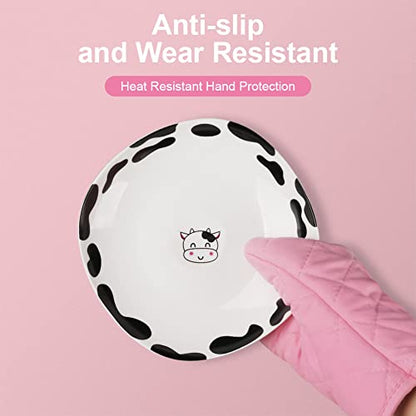 AUAUY Pink Oven Mitts, 1 Pair Kitchen Mittens, 392°F Heat Resistant Oven Gloves Non-Slip Kitchen Gloves for Oven, BBQ Gloves-Oven Mitts Infill Cotton Cooking Gloves for Oven Grilling Cooking Baking - color: Pink