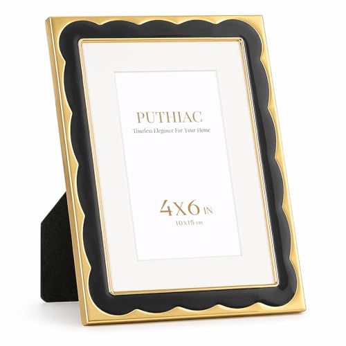 4x6 Scalloped Enamel Picture Frame, Gold Edge, Soft Charcoal | Aluminum Alloy Frame, Enamel Inlay, Tempered Glass, 3x5 Mat, Wall or Tabletop Display for Shelves, Portraits, Art Prints - color: Soft Charcoal, size: 4x6