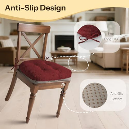 Anti Slip Kitchen Chair Cushions Set of 4 18"X16.5"X3" Red | Elegant Breathable Textured Fabric, with Ties, Tufted, Thick Polyester Filling, for Dining Chairs, Folding Chairs, Office - color: Red