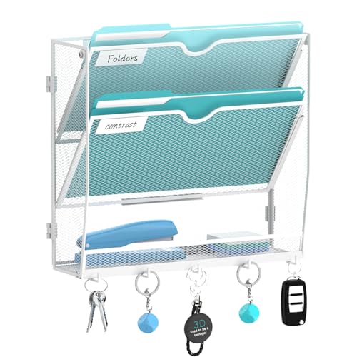 3-Tier Wall File Organizer and Mail Organizer with 5 Hooks, White | Label slots, curved openings, 5 key hooks, and a bottom tray support organized mail, file, and everyday item storage. - color: White, size: 3 Tier
