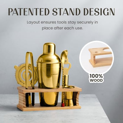 Cocktail Shaker Set - Bartender Kit with Pine Stand | Leak-Proof Design | Includes Martini Shaker, Jigger, Strainer, Spoon, Tongs | Perfect Bar Tools Gift for Home Mixology (Gold) - color: Gold / Light Stand, size: 8 Pieces