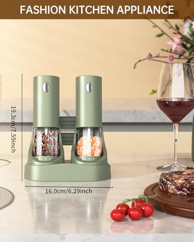 CIRCLE JOY Electric Salt and Pepper Grinder Set Automatic Salt and Pepper Grinder Set with Easy-to-Carry Charging Base and LED Light, USB Rechargeable, Upgrade External Adjustable Coarseness, Green - color: Green