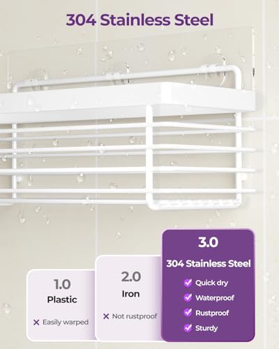 Shower Shelves Adhesive 3 Pack Stainless Steel Storage Organizers-White | No drilling wall mounted,rust-resistant,large capacity,quick drainage,easy to clean,suitable for bathrooms and kitchens - color: White
