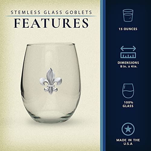 Heritage Pewter Fleur de Lis Stemless Glass Goblets – Set of 2 | 15 OZ Goblet Wine Glasses | Expertly Crafted Pewter Glass - style: Fleur de Lis
