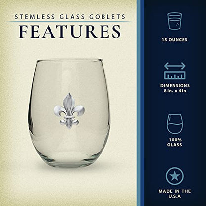 Heritage Pewter Fleur de Lis Stemless Glass Goblets – Set of 2 | 15 OZ Goblet Wine Glasses | Expertly Crafted Pewter Glass - style: Fleur de Lis