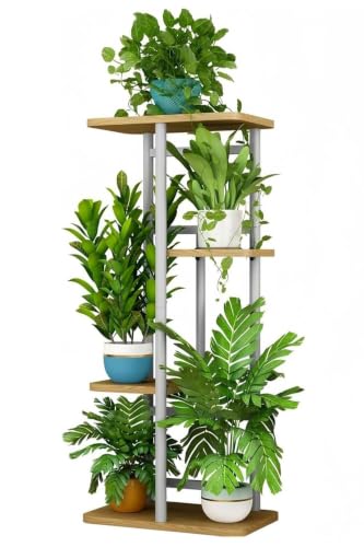 LINZINAR Plant Stand Indoor 4 Tier Metal Corner Tall Flower Shelf | Plant Rack for Multiple Plants, Tiered Flower Plant Holder for Patio, Garden, Balcony, Living Room, Bedroom White - color: White, size: 4 Tier-5 Potted