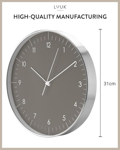 Modern Silent Quartz Wall Clock, 12in, Dark Grey & Gold | Chic & Minimalist, Non-ticking, Analog, Arabic numerals, Easy-to-read, Battery operated, for Living Room, Mantel, Foyer - color: Dark Grey, 12"