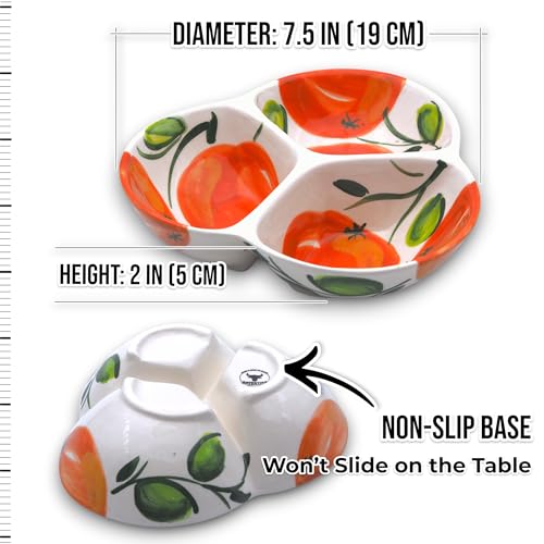 3-Compartment Ceramic Serving Dish, Handmade in Spain | 7.5” divided chip and dip bowl with lead-free glaze, microwave, oven and dishwasher safe, ideal for tapas, snacks and sauces - color: Orange Glow