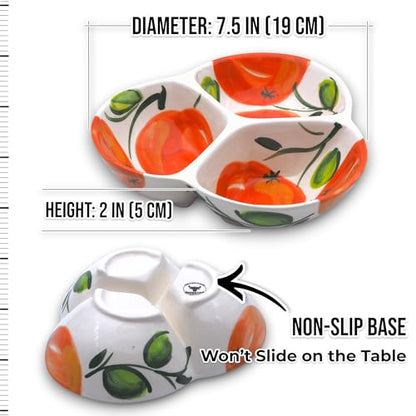 3-Compartment Ceramic Serving Dish, Handmade in Spain | 7.5” divided chip and dip bowl with lead-free glaze, microwave, oven and dishwasher safe, ideal for tapas, snacks and sauces - color: Orange Glow
