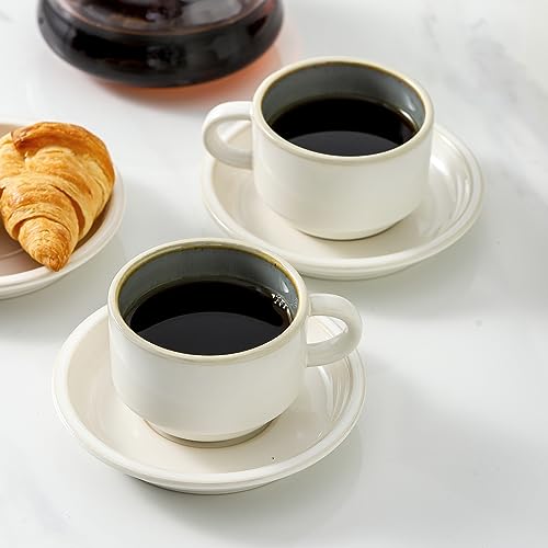 JIEMEI HOME Porcelain Stackable Espresso Cups with Saucers and Metal Stand, 4 Ounce Demitasse Cups for Specialty Coffee Drinks, Cafe Mocha Tea-Set of 4, Stackable Espresso Mugs, White & Green - color: White & Reed Green