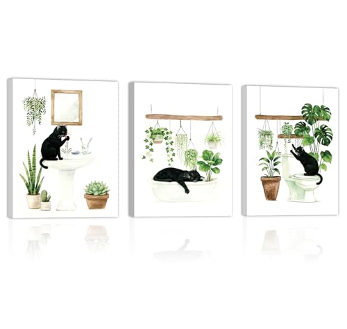 CHDITB Black Cat Bathroom Canvas Wall Art Set of 3, Funny Cat Watercolor Painting, Botanical Cats Wall Decor, Boho Plants Poster, Cute Kitten Art Prints For Restroom Laundry Room Decor(12X16 Inch) - color: Cat and Plant, size: 12x16 inches