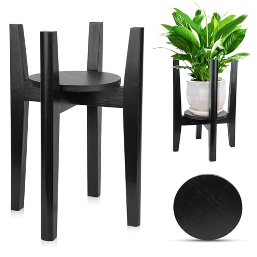 Adjustable Plant Stand with Tray,Indoor Wood Plant Stand Fit 8'' to 12'' Planter,Mid Century Modern Flower Pot Holder Rack(Plant and Pot Not Included),Black - color: Black, size: 1 PACK