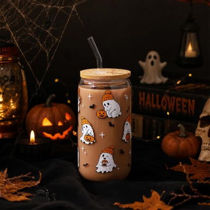 Halloween Ghost Gift Cute Pumpkin Glass Cup with Lid and Straw | Fall Iced Coffee Glass Tumbler Mug Gifts for Women Men, Birthday Thanksgiving Presents Basket Stuff for Teens Girls 16oz - style: Hat Ghost