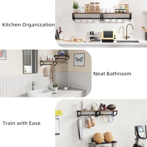 Coat Rack Wall Mount, Wood Wall Shelf with Hooks, Coat Hanger Wall Mount with 4 Metal Hooks, Wall Mounted Coat Rack Organizer for Entryway, Bedroom, Living Room, Room Decor, Brown 2 Pack - size: 33.8 inch-2 pack
