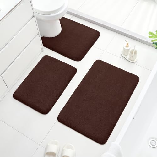 HOMEIDEAS Upgraded Bathroom Rugs Set 3 Piece, Ultra Soft Memory Foam Bath Mats, Super Absorbent Non Slip Washable U-Shaped Toilet Bath Rug (Brown, 17"x24"+20"x32"+U-Shaped 20"x24") - color: Brown