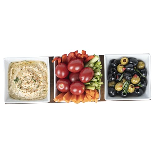 Restaurantware-15 Ounce Bowl Set with Tray - 1 Dishwashable Serving Set, Includes 3 Porcelain Bowls And 1 Bamboo Tray, Durable, White Porcelain And Bamboo Bowl And Platter Kit, Reusable, Freezable - size: Triple set, style: Cocktail