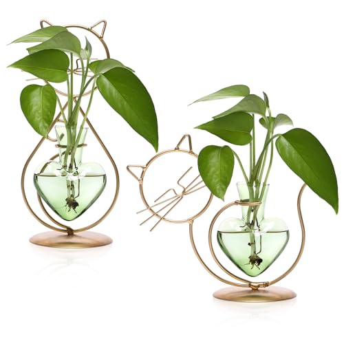Plant Terrarium Propagation Station Gifts for Women Cat Lover | Plant Lovers Home Office Decor Cat Desk Accessories - color: Gold Green