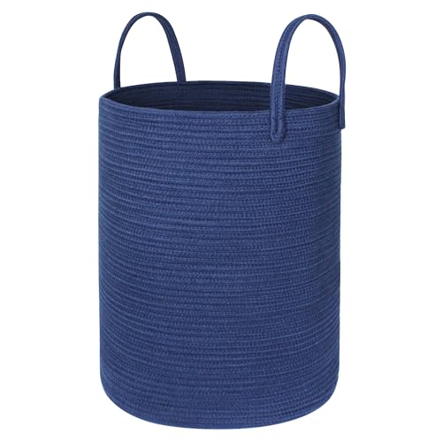 Blue Woven Laundry Basket, 15"x18" Large Cotton Rope Storage Basket for Blankets, Toys, Decorative Baby Nursery Clothes Hamper for Living Room Bedroom, Kids Laundry Hamper, Navy Blue Decor - color: Blue, size: 15"D x 18"H