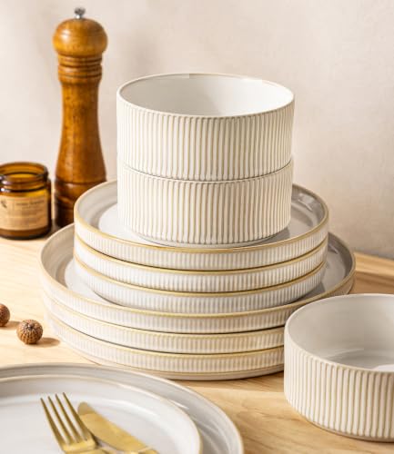 GBHOME Stoneware Dinnerware Sets for 4, 12 Pieces Plates and Bowls Set | Lightweight Ceramic Ribbed Dishes,Reactive Glaze Stackable Plate Set,Scratch Resistant,Microwave Dishwasher Safe,VanillaLatte - color: Vanilla Latte