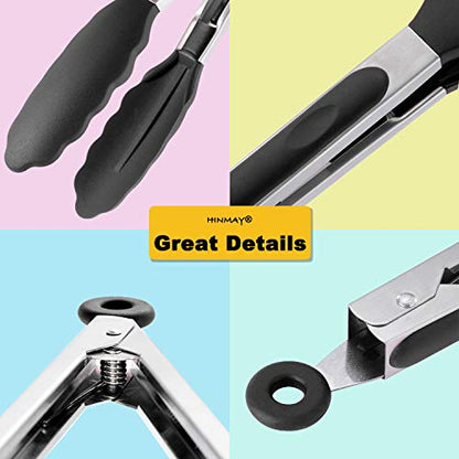 HINMAY Serving Tongs 9" Cooking Tongs with Silicone Tips, Set of 3 (Black) - color: Black