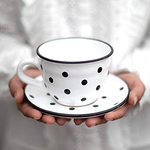 City to Cottage Handmade White And Black Polka Dot Large Ceramic 12oz/350ml Cappuccino Coffee Tea Cup and Saucer, Unique Designer Pottery Gift for Tea Lovers - color: White - 12oz (350ml)
