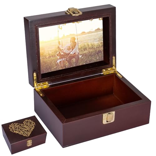 Small Wooden Memory Keepsake Boxes With Hinged Lids and a photo frame inside the lid - Decorative Storage Box With a Hinge Lids For Picture Letter Time Capsule - Wooden Gift Boxes，3.1“*5.1”*7.1“ - color: Brown