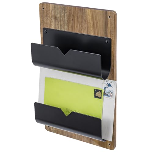 MyGift 2-Tier Wall Mounted Mail Holder, Matte Black Metal and Premium Acacia Wood Backboard Mail and Letter Organizer