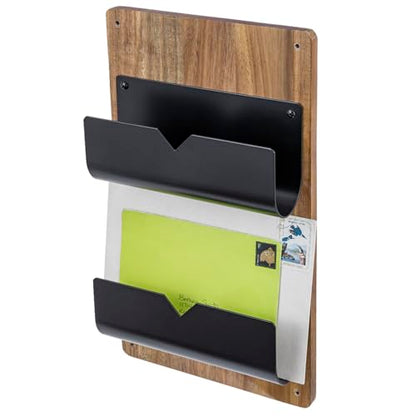 MyGift 2-Tier Wall Mounted Mail Holder, Matte Black Metal and Premium Acacia Wood Backboard Mail and Letter Organizer