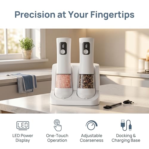 Electric Salt and Pepper Grinder Set, Rechargeable Automatic Pepper Mill with Base,Display, LED Lighting, Large Capacity-Ideal for Kitchen, BBQ Gifts - color: White