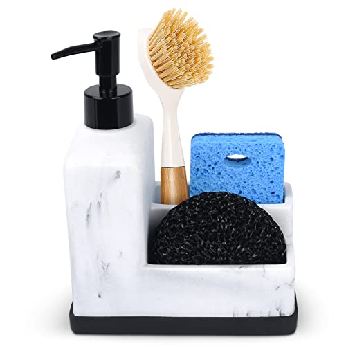 Dish Soap Dispenser with Sponge Holder,White Marble Look Liquid Hand and Dish Soap Dispenser and Spong Caddy with Brush Holder 3 in 1 Countertop Organizer for Kitchen Sink and Bathroom,White - color: White Marble Look
