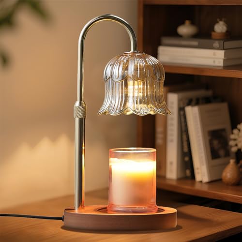 CRMILL Candle Warmer Lamp with Timer: Adjustable Dimmable Height Adjustable Warming - Flower Shape Wax Lamp Jar Candles No Flame Modern Home Decor Table Lights - Home Living Bedroom - color: Amber-electroplatedgoldplating