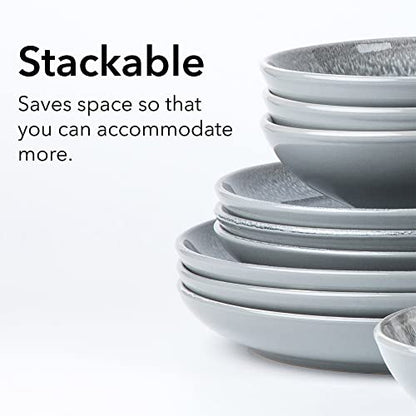 Arora FAIT Round Stoneware 16pc Dinnerware Set for 4, Dinner Plates, Side Plates, Cereal Bowls, Mugs - Reactive Glaze Grey (448158) - color: Grey-Bowl/Mug (1), style: Round-Service for 4(16pcs)