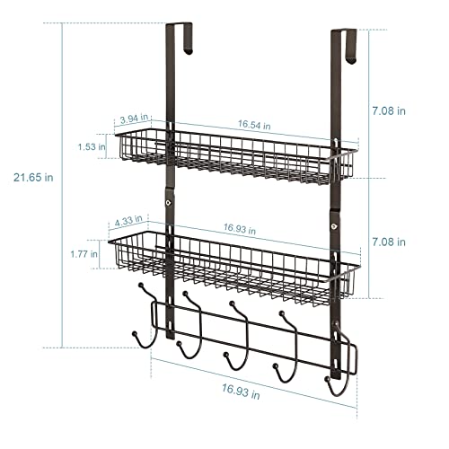 OYEAL Over The Door Hook Rack with 5 Hooks 2 Baskets Steel, Sturdy Durable Coat Rack Towel Hooks Hanging Organizer Shelves for Home Bedroom Bathroom Kitchen, Brown - color: Brown