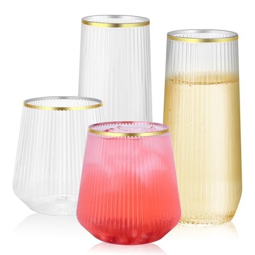 48 Pack Ribbed Plastic Wine Glasses – 24 x 9oz Stemless Champagne Flutes & 24 x 12oz Disposable Wine Glasses – Elegant Disposable Plastic Cups with Gold Rim – BPA-Free Drinkware for Weddings, Parties - color: Gold Rim Ribbed