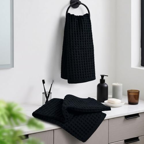 Jacquotha Black Waffle Cotton Hand Towels Set of 2 – Quick Dry, Low Lint | Towels for Bathroom, Kitchen & Daily Life, 13" x 29" - color: Black