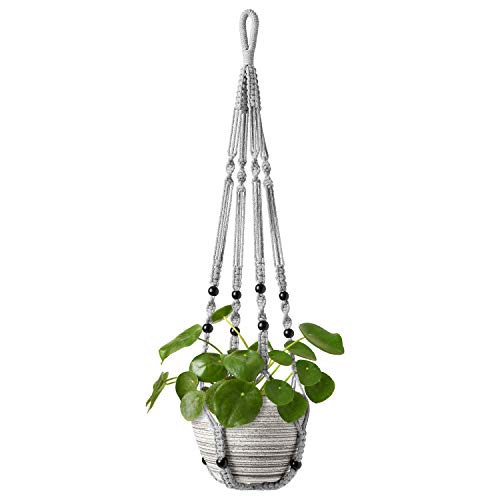Mkono Macrame Plant Hanger Indoor 35 Inch Hanging Planter Basket Grey 1Pc | Hanging Plant Holder with Decorative Wood Beads, No Tassels, Boho Home Decor, Indoor & Outdoor Use, Flower Pots Not Included - color: Gray