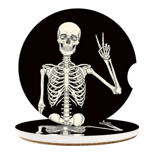 Skeleton Car Coasters for Drinks, 2 Pcs Ceramic Stone 2.56 Inch | Human Skull Skeleton Absorbent Non-Scratch Cork Base Cupholder Auto Accessories for Women Men - color: Human Skeleton1