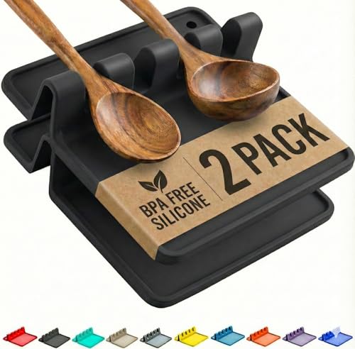 Cooler Kitchen Black Silicone Spoon Rest for Stove Top with Drip Pad (Two Pack) - Heat-Resistant, BPA-Free Utensil Rest & Spoon Holder for Kitchen Counter - Grill Utensil Holder for Spatulas - color: Caviar Black, size: Medium - 2 Packs