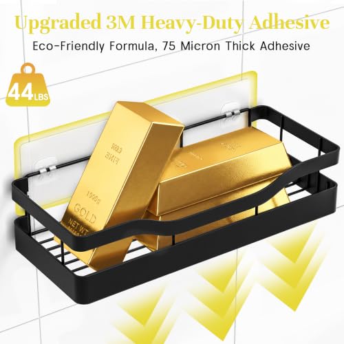 Heavy-Duty Adhesive Shower Caddy, Black Organizer | No Drill Wall Mounted Stainless Steel Bathroom Shelves with 44lbs Max Load, 0.43" Wire Spacing, Toothbrush & Soap Holder - color: Black
