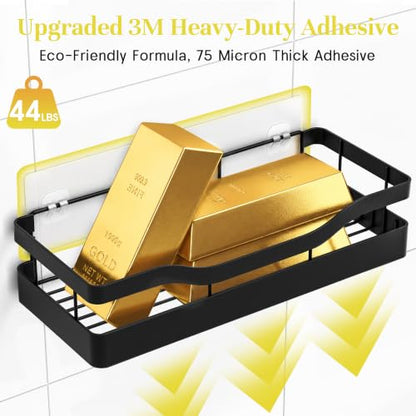 Heavy-Duty Adhesive Shower Caddy, Black Organizer | No Drill Wall Mounted Stainless Steel Bathroom Shelves with 44lbs Max Load, 0.43" Wire Spacing, Toothbrush & Soap Holder - color: Black