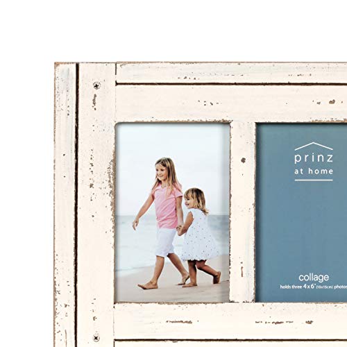 Prinz Homestead Antique White 3-Opening Collage Picture Frame 4x6 Photos - Distressed Wood Two-Way Easel Wall Tabletop Display - color: Antique White