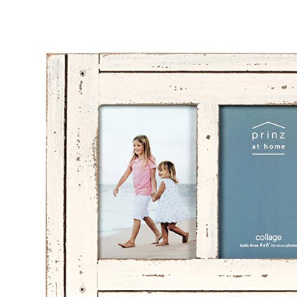 Prinz Homestead Antique White 3-Opening Collage Picture Frame 4x6 Photos - Distressed Wood Two-Way Easel Wall Tabletop Display - color: Antique White