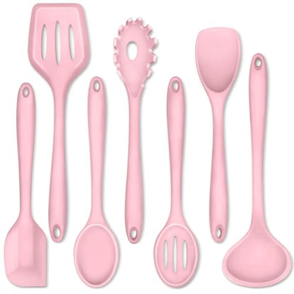 P&P CHEF Pink Kitchen Utensils, Silicone Cooking Utensil Set of 7 | Soft Spatula for Nonstick Cookware, Slotted Turner, Soup Ladle, Pasta Server, Spoon for Cooking, Dishwasher Safe & Heat Proof - color: Pink