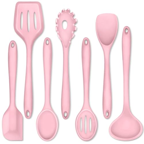 P&P CHEF Pink Kitchen Utensils, Silicone Cooking Utensil Set of 7 | Soft Spatula for Nonstick Cookware, Slotted Turner, Soup Ladle, Pasta Server, Spoon for Cooking, Dishwasher Safe & Heat Proof - color: Pink