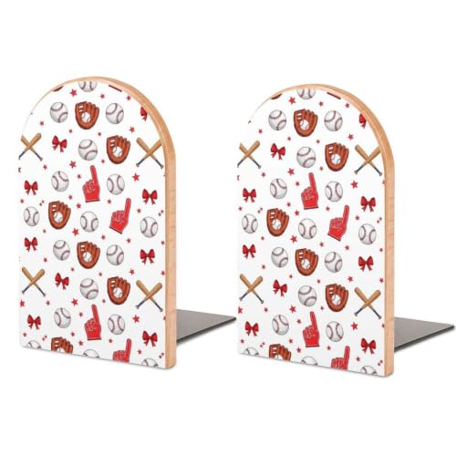 Wood Book Ends Decorative Bookends Holders with Metal Base, Red Bow | Baseball Valentine Day, Book Stoppers, Non-Slip Shelves Accessories for Magazines, DVDs, 1 Pair - color: Style(634)
