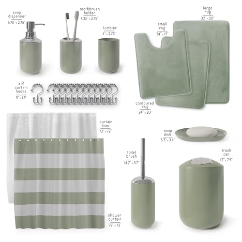 Clara Clark Bathroom Set - Sage Green Bathroom Accessories Set, Bathroom Sets with Shower Curtain and Rugs, 23PC Shower Curtain Set with Liner, Soap Dispenser, Soap Dish, and Toilet Brush Holder - color: Sage Green, size: Complete Set + Bath Rugs