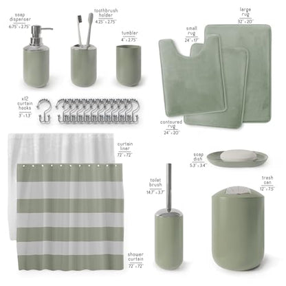 Clara Clark Bathroom Set - Sage Green Bathroom Accessories Set, Bathroom Sets with Shower Curtain and Rugs, 23PC Shower Curtain Set with Liner, Soap Dispenser, Soap Dish, and Toilet Brush Holder - color: Sage Green, size: Complete Set + Bath Rugs