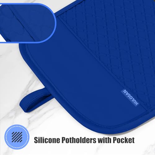 Oven Mitt and Pot Holders Sets, Quilted Cotton Terry Cloth,Non-Slip Pot Holder, Silicone Oven Mitt Heat Resistant, Oven Mittens 7.3"x14.2", Hot Pad 7"x10" & Dish Cloths 13"x25" - color: Royal Blue